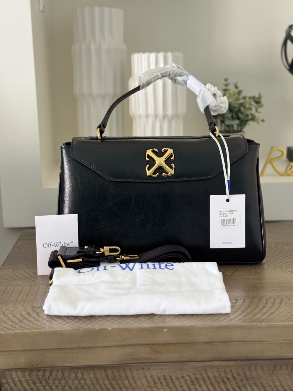 Off-White Jitney 1.0 Large Leather Top Handle Bag – Black & Gold NWT